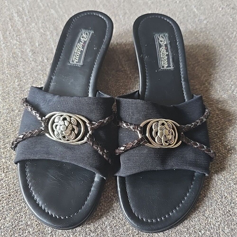 Brighton Y2K Lilian Black Wedge Pewter Flower Charm Slip On Sandals Shoes 8